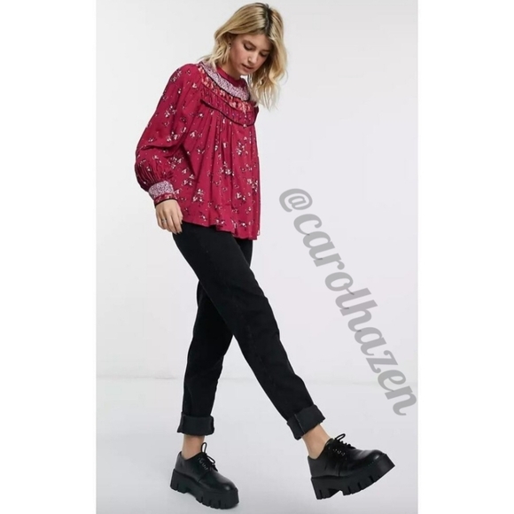 Free People Paloma Red Berry Long Sleeves Top Limited Edition Bohemian Chic - Picture 5 of 16